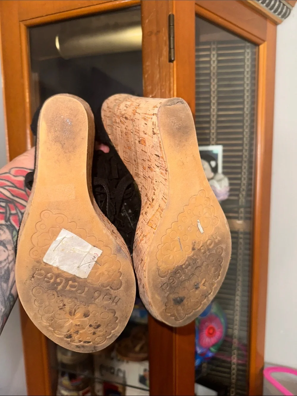 Not Rated Black Suede Fringe Cork Wedge Sandals